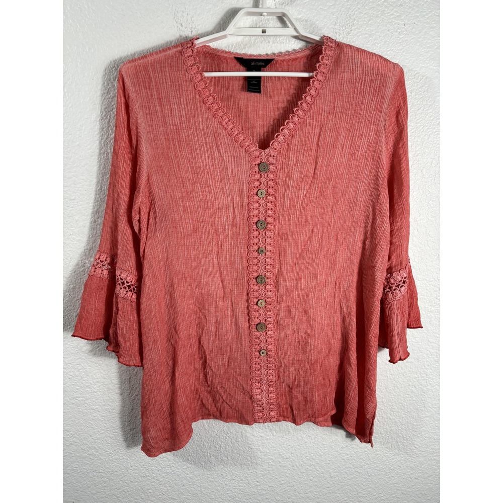 Ali Miles Tunic Top‎ Womens XL Gauzy Button Lace Boho 3/4 Sleeve Blouse